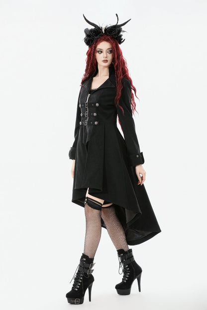 Black Lapel Collar Long Sleeves Lace-Up Irregular Bouble-breasted Buckle-up Women's Gothic Coat