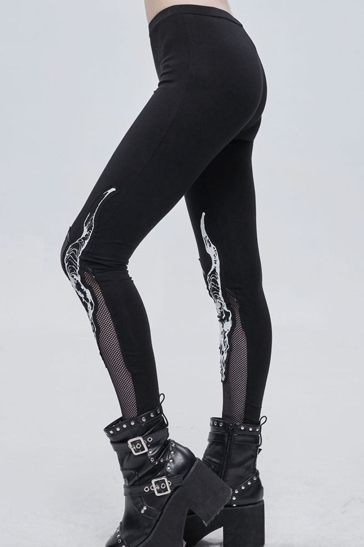 Black Gothic Stretch Knitted Fabric Spliced Mesh Devil Sheep Head Pattern Printing Women's Leggings