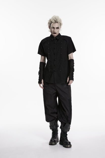 Black Lapel Collar Short Sleeves Studded Men's Punk Skull Handsome Cool Shirt