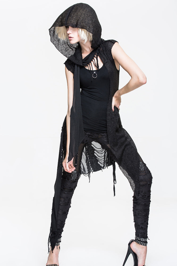 Black Asymmetrical Hole Wool Knit Women's Punk Hooded Shawl