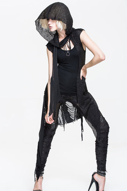 Black Asymmetrical Hole Wool Knit Women's Punk Hooded Shawl