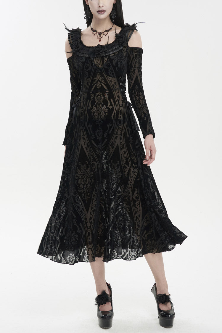 Black Off Shoulder Ruffled Flocked Print Long Women's Gothic Dress
