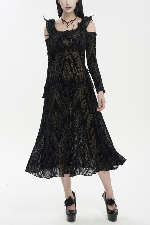 Black Off Shoulder Ruffled Flocked Print Long Women's Gothic Dress