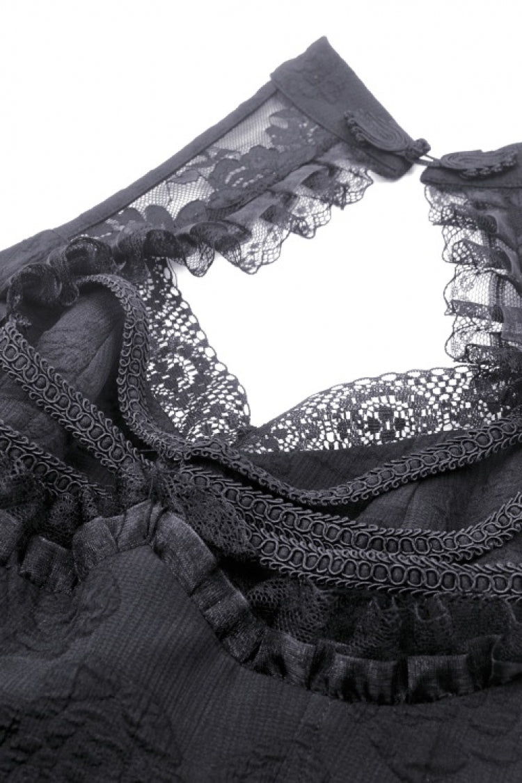 Black Off Shoulder Halterneck Sleeveless Irregular High Low Multi-Layered Lace Women's Gothic Dress