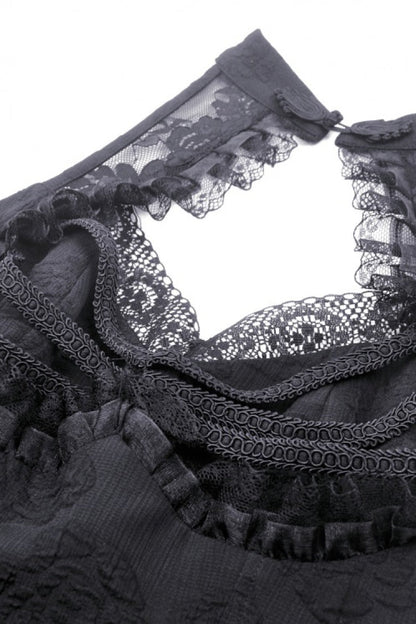 Black Off Shoulder Halterneck Sleeveless Irregular High Low Multi-Layered Lace Women's Gothic Dress
