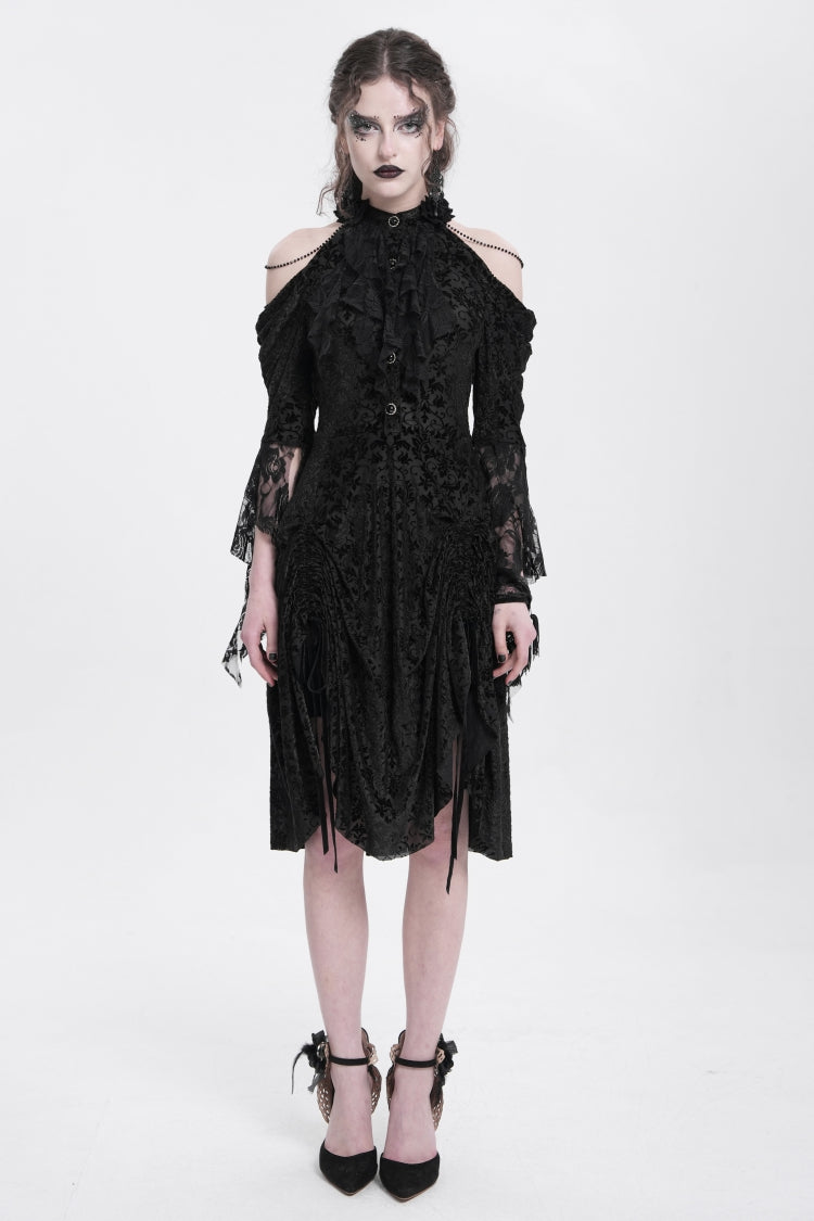 Black Off Shoulder Drawstring Jacquard Embroidery Women's Gothic Party Dress
