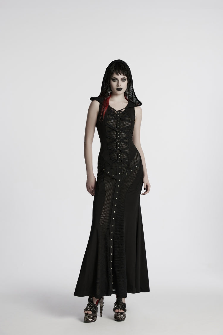 Black Off Shoulder Sleeveless Spliced Lace-Up Slim Mesh Studded Eyelet Women's Punk Dress