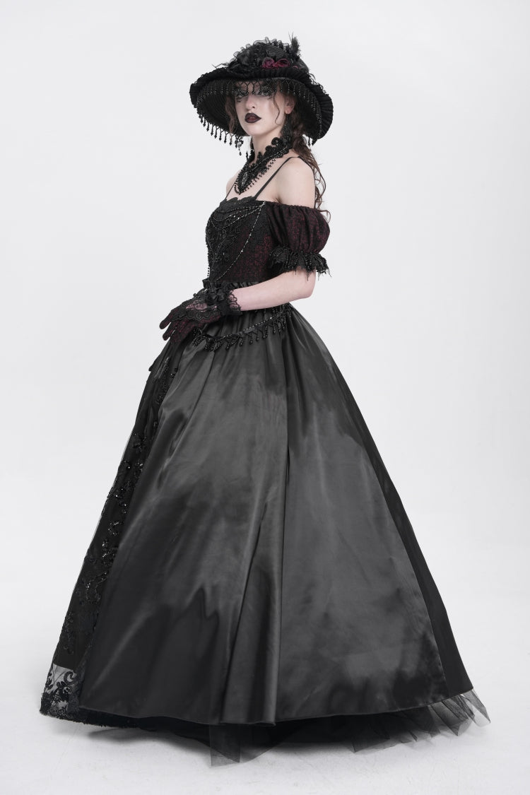 Black Off Shoulder Short Sleeves Jacquard Cardigan Stitching Lace Women's Gothic Dress