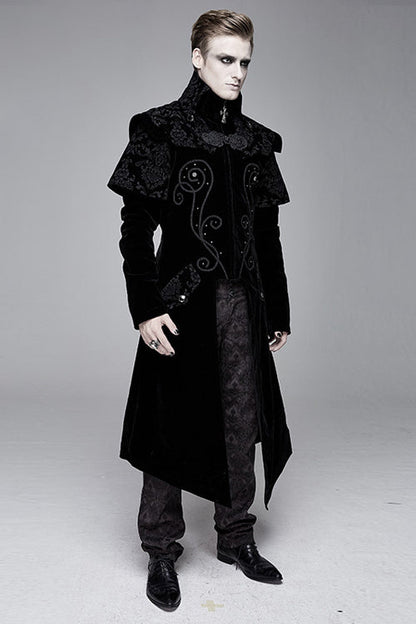Black Hand Embroidered Cape Collar Velveteen Gothic Mens Coat