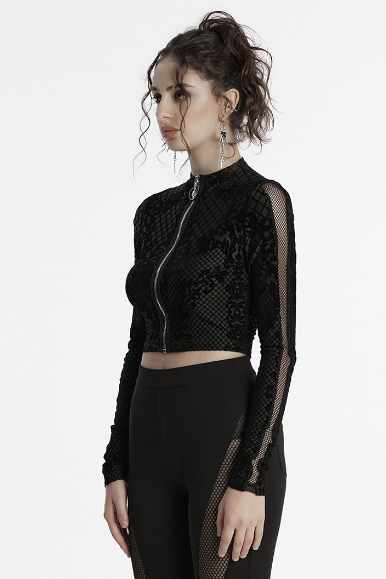 Black Long Sleeves Flocking Mesh Zipper Women's Gothic Jacket