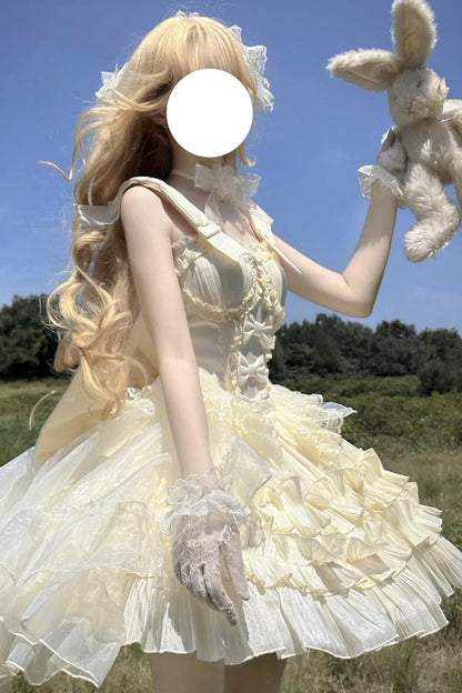 Apricot [Cream Cake] Sleeveless Multi-Layered Ruffle Bowknot Sweet Princess Lolita Jsk Dress Set