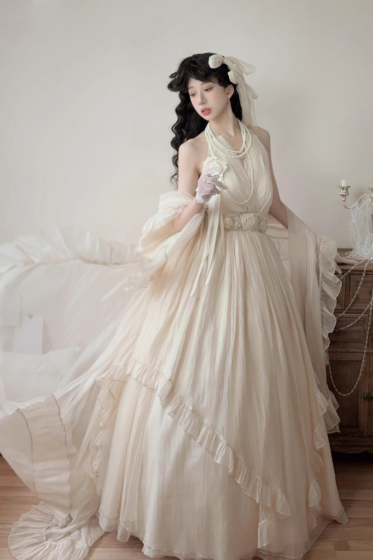 Apricot Halterneck Sleeveless Ruffle Bowknot Lace Sweet Princess Lolita Jsk Long Dress Set