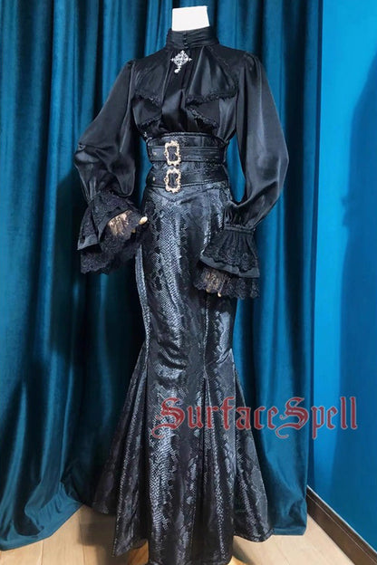Black Faux Leather Snake Print Flared Fishbone Mermaid Gothic Lolita Skirt