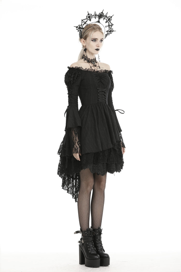 Black Off Shoulder Long Trumpet Puff Sleeves Lace-Up Strappy Mesh Women's Gothic Cocktail Dress