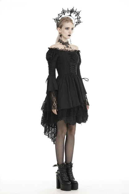 Black Off Shoulder Long Trumpet Puff Sleeves Lace-Up Strappy Mesh Women's Gothic Cocktail Dress