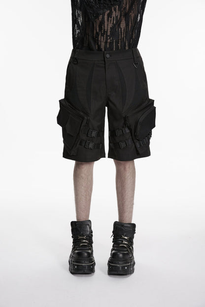 Black Buckled Men's Punk Cool Shorts with Big Pockets