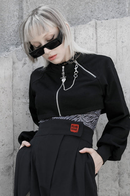 Black Metal Double Zipper Round Collar Long Sleeves Women's Gothic Coat