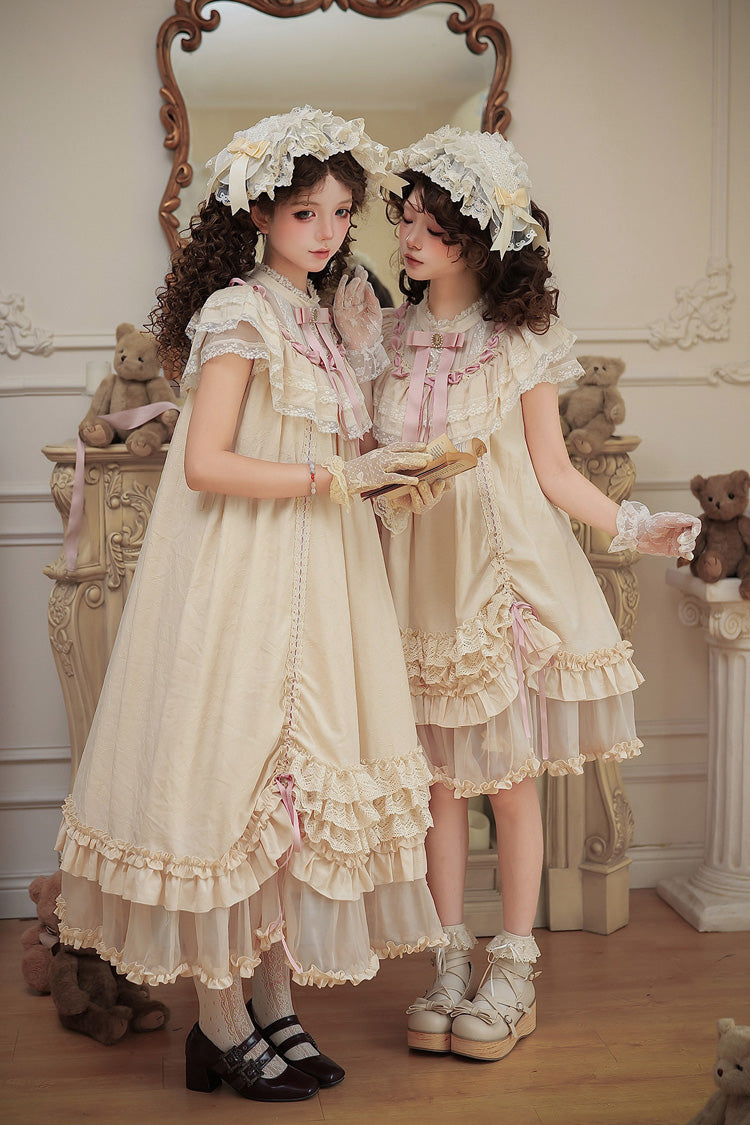 Apricot [Lily's Dream] Stand Collar Short Sleeves Loose-Fit Doll-Like Multi-Layered Ruffled Bow Lace Sweet Lolita Dress 2 Versions