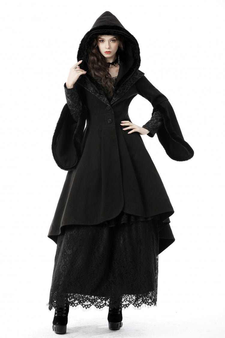 Black Lapel Collar Long Sleeves Women's Gothic High Low Woolen Dovetail Coat with Hood
