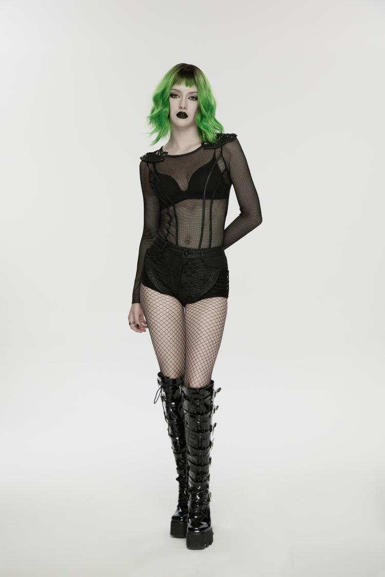 Black Low Waisted Cut-Out Irregular Eyelet Women's Punk Shorts