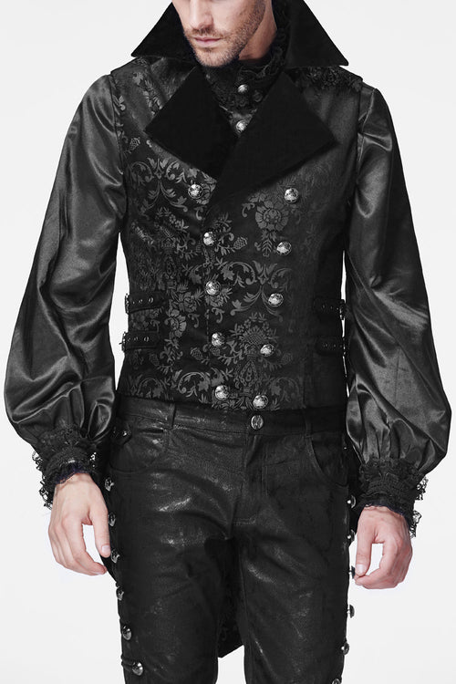 Black Double-Breasted Swallowtail Hem Print Mens Gothic Vest