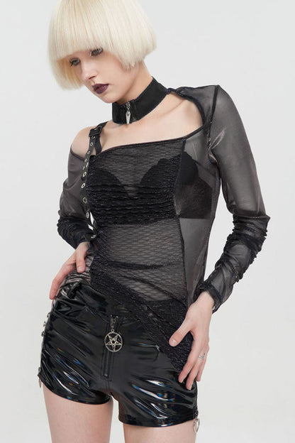 Black Long Sleeve Neck Zipper Asymmetric One Shoulder Strap Mesh Women's Punk T-Shirt