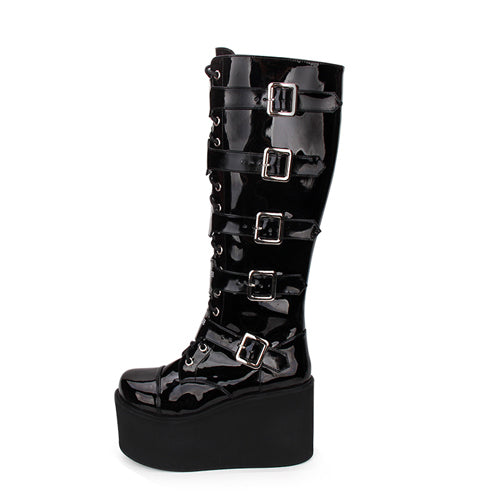 Black Cross Patent Leather Lace Up Long Gothic Lolita Boots