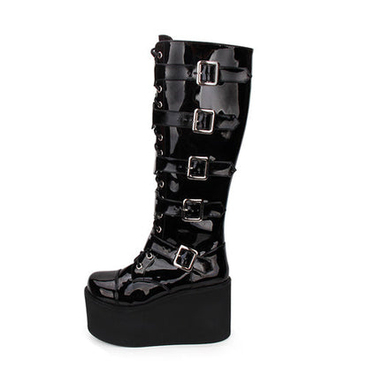 Black Cross Patent Leather Lace Up Long Gothic Lolita Boots