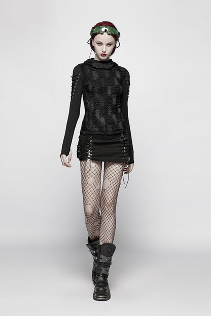 Black Long Sleeves Slim Hooded Ripped Women's Steampunk T-Shirt