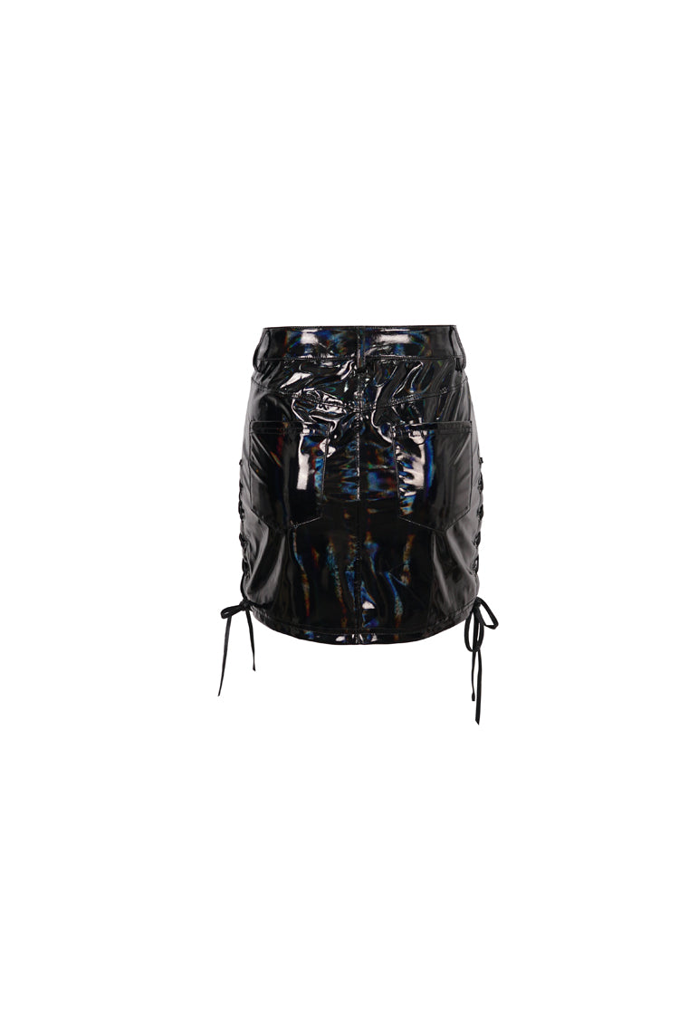 Black Iridescent Mirrored Side Slit Adjustable Women's Gothic Skirt