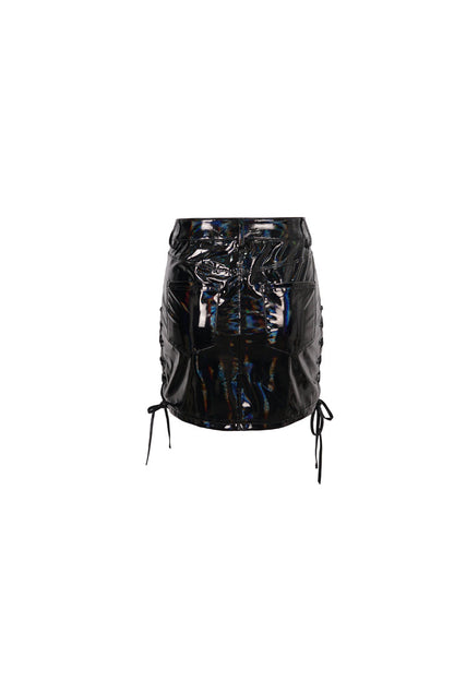 Black Iridescent Mirrored Side Slit Adjustable Women's Gothic Skirt