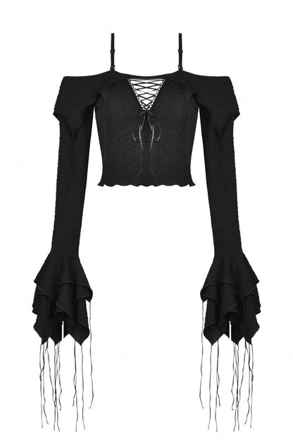 Black Off Shoulder Long Trumpet Sleeves Lace-Up Women's Gothic Sexy Crop Top