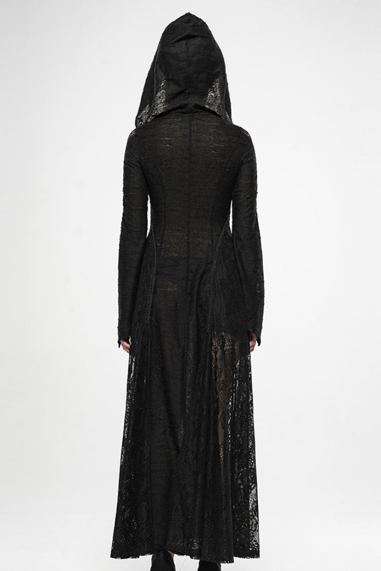 Black Long Trumpet Sleeves Metal Zipper Lace Hooded Womens Gothic Dress