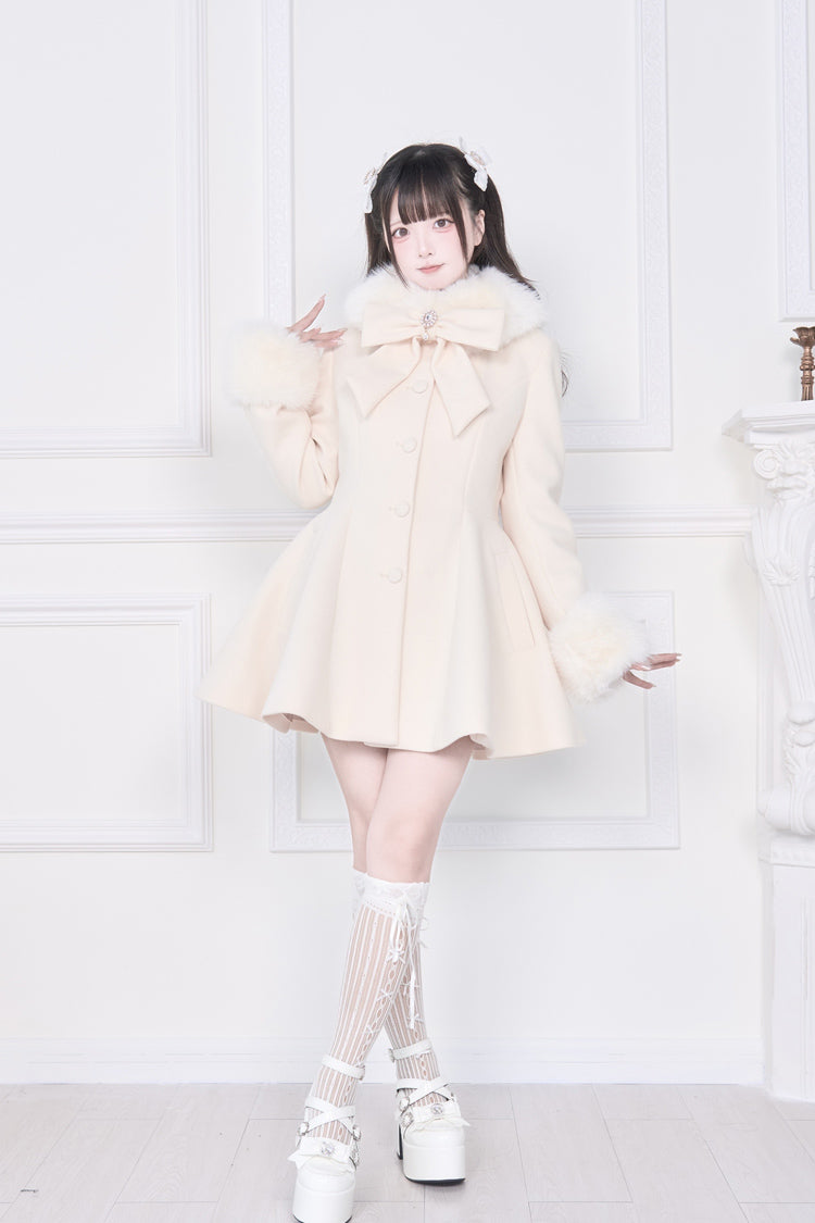 Apricot Plush Collar Long Sleeves Bowknot Japanese Sweet Lolita Coat
