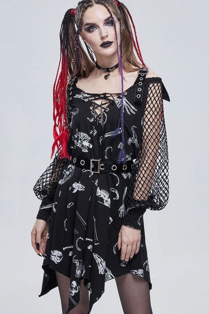 Black Gothic Knit Bone Print Sling Metal Grommet Strap Design Long Sleeve Women's Dress