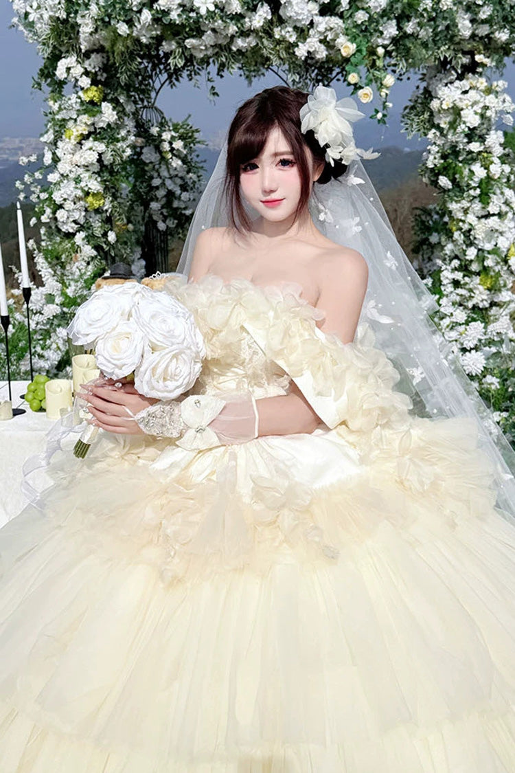 Apricot [Dream Confession] Sleeveless Triple-Layered Ruffled Hanayome Bow Lace Lace-Up Sweet Lolita Jsk Dress Long Version