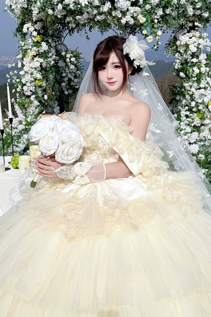 Apricot [Dream Confession] Sleeveless Triple-Layered Ruffled Hanayome Bow Lace Lace-Up Sweet Lolita Jsk Dress Long Version