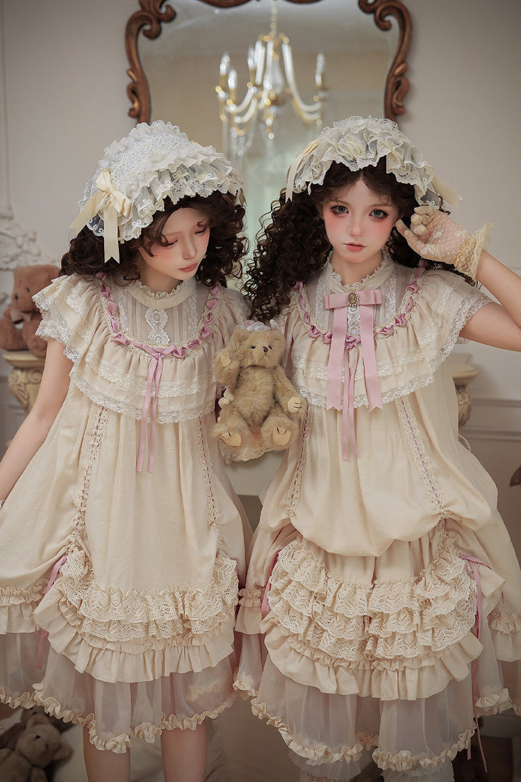 Apricot [Lily's Dream] Stand Collar Short Sleeves Loose-Fit Doll-Like Multi-Layered Ruffled Bow Lace Sweet Lolita Dress 2 Versions