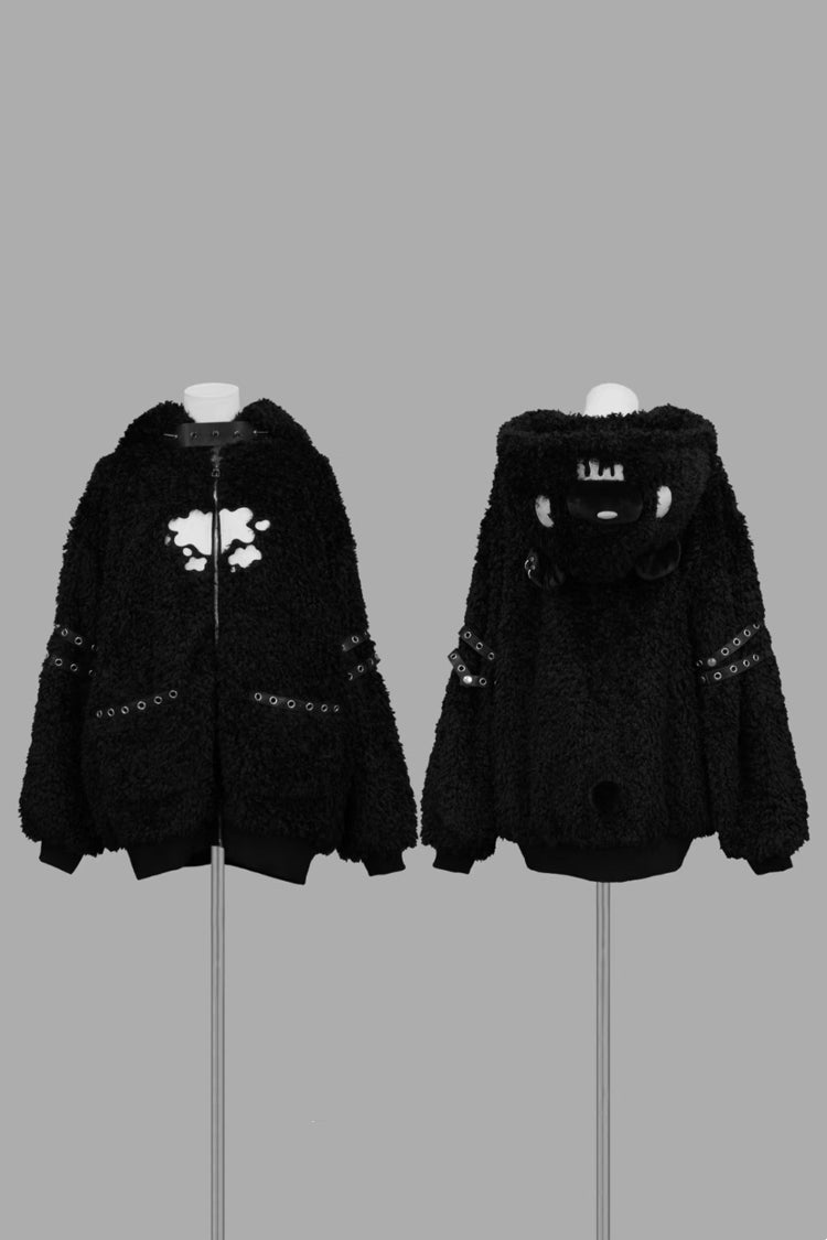 Black Long Sleeves Bear Ears Hooded Zippered Gothic Jirai Kei Lolita Coat
