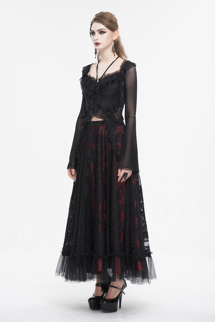 Black Lace Up Ruffled Trumpet Sleeves Mesh Women's Gothic Shirt