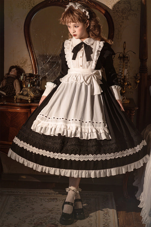 Black Lapel Collar Bowknot Long Sleeves Ruffled Sweet Lolita Maid OP Dress (Apron is included)