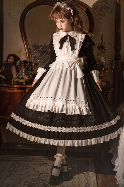 Black Lapel Collar Bowknot Long Sleeves Ruffled Sweet Lolita Maid OP Dress (Apron is included)