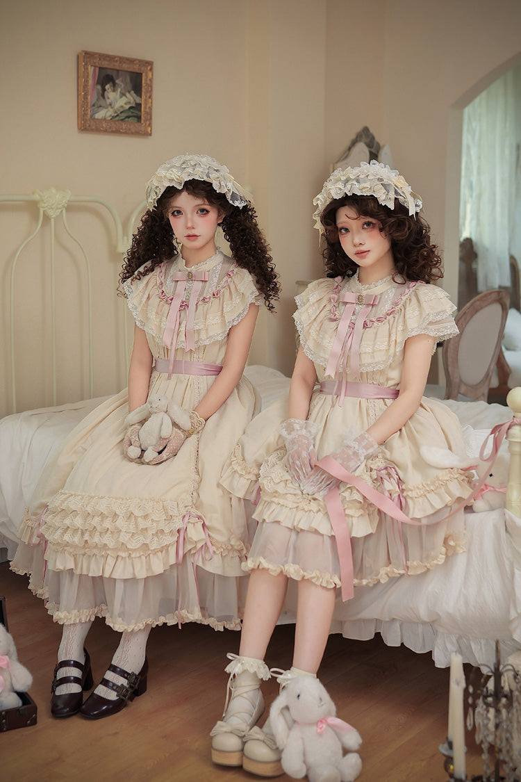 Apricot [Lily's Dream] Stand Collar Short Sleeves Loose-Fit Doll-Like Multi-Layered Ruffled Bow Lace Sweet Lolita Dress 2 Versions