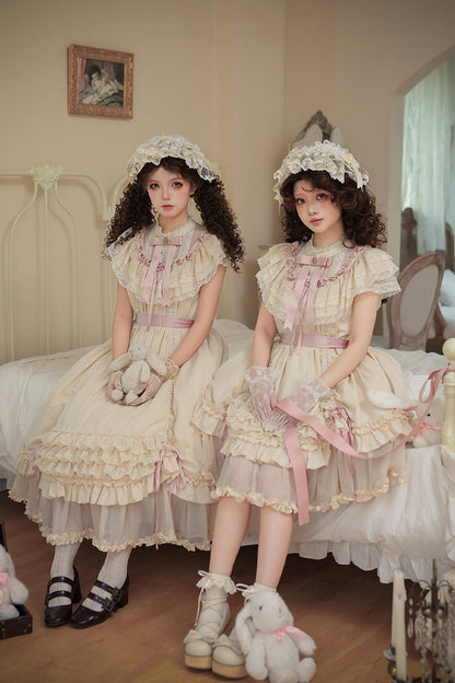Apricot [Lily's Dream] Stand Collar Short Sleeves Loose-Fit Doll-Like Multi-Layered Ruffled Bow Lace Sweet Lolita Dress 2 Versions