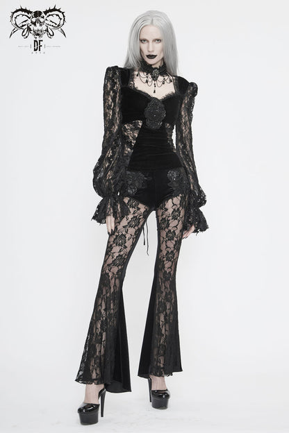 Black Front Chest Decals Lantern Sleeve Lace Cuff Back Lace-Up Knitted Velvet Women's Gothic T-Shirt