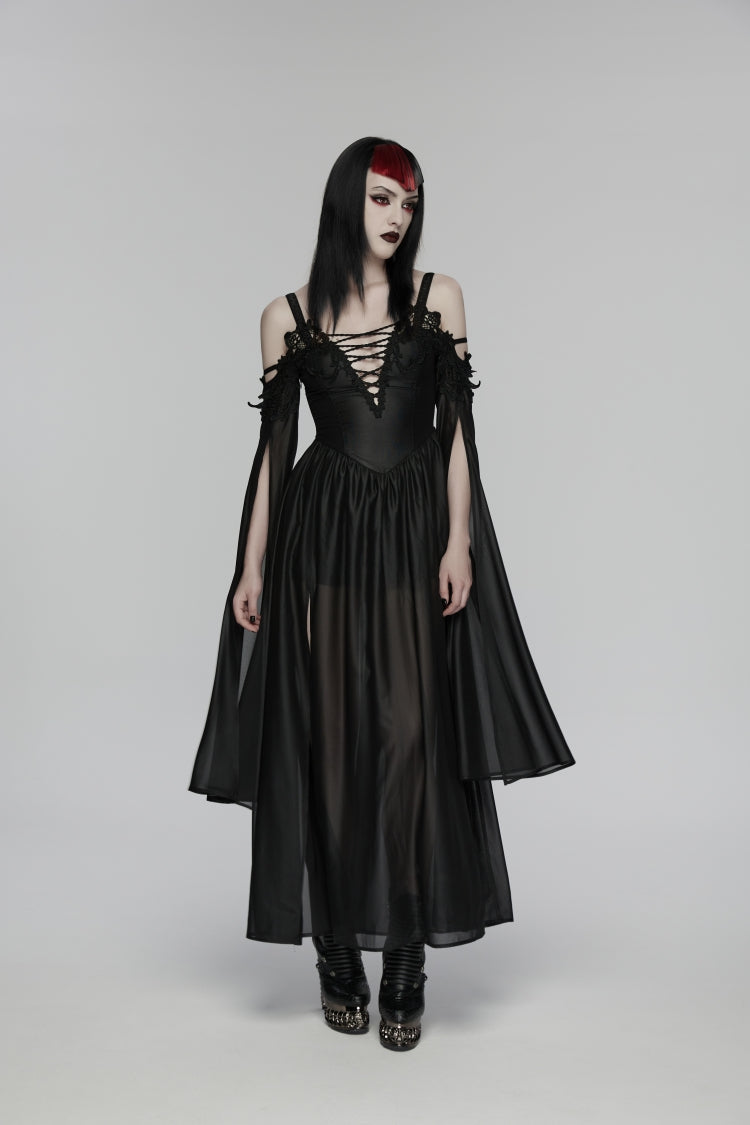 Black Off Shoulder Long Sleeves Embroidered Lace-Up Women's Gothic Elegant Dress Wedding Dress