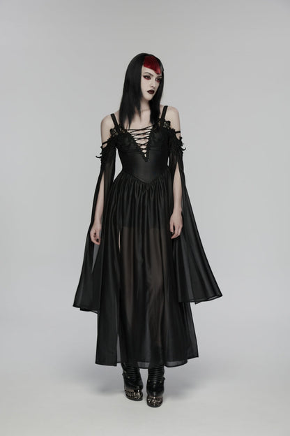 Black Off Shoulder Long Sleeves Embroidered Lace-Up Women's Gothic Elegant Dress Wedding Dress