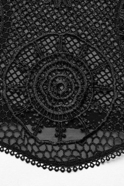 Black Hollow Embroidery Lace Sheer Mesh Adjustable Drawstring Womens Gothic Vest