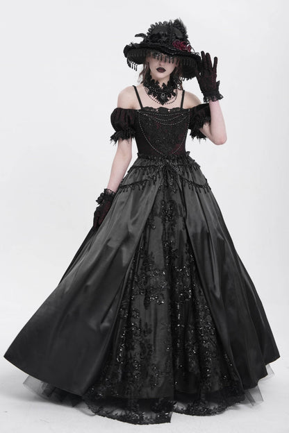 Black Off Shoulder Short Sleeves Jacquard Cardigan Stitching Lace Women's Gothic Dress