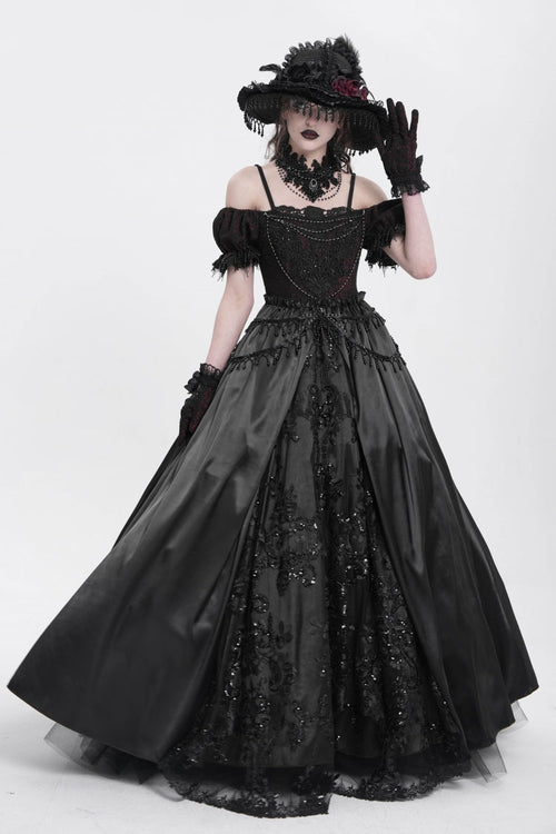 Black Off Shoulder Short Sleeves Jacquard Cardigan Stitching Lace Women's Gothic Dress